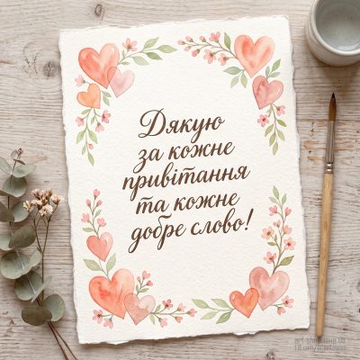 Акварельна листівка із сердечками та квітучими гілочками — «Дякую за кожне привітання та кожне добре слово!»