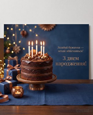 Картинка з шоколадним тортом і запаленими свічками для чоловіка: «Загадай бажання — нехай здійсниться! З днем народження!»