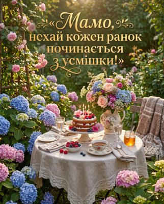 Привітання мамі «Нехай кожен ранок починається з усмішки!» зі святковим сніданком у саду