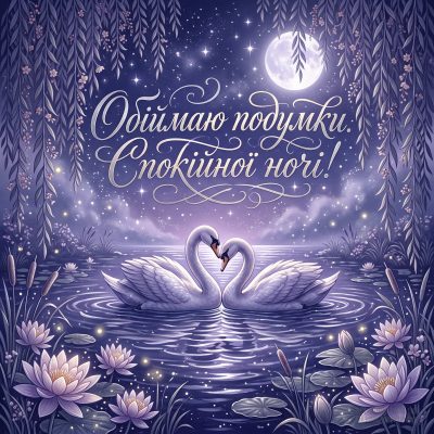 Романтична листівка «Обіймаю подумки. Спокійної ночі!» з парою лебедів на місячному ставку серед латаття