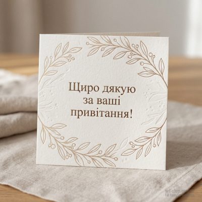 Лаконічна листівка із золотистими гілочками — «Щиро дякую за ваші привітання!»