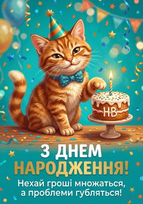Смішна картинка чоловікові з днем народження з котом і тортом: «Нехай гроші множаться
