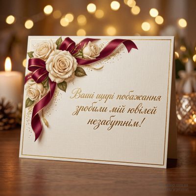 Елегантна листівка з квітами й святковим сяйвом — «Ваші щирі побажання зробили мій ювілей незабутнім!»