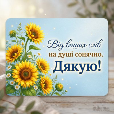 Сонячна листівка з жовтими соняшниками — «Від ваших слів на душі сонячно. Дякую!»