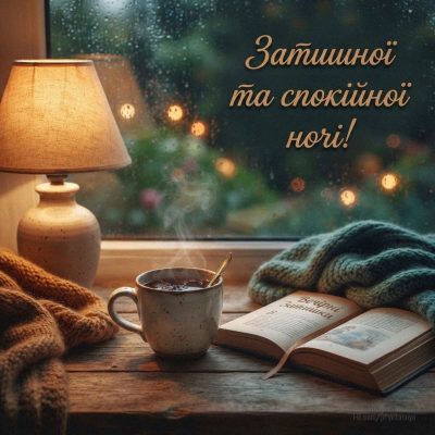 Затишна листівка «Затишної та спокійної ночі!» з трав’яним чаєм